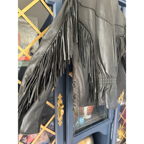Vintage Black Leather Fringe Jacket | Size Medium | Western Biker Rodeo Boho - Picture 4 of 12